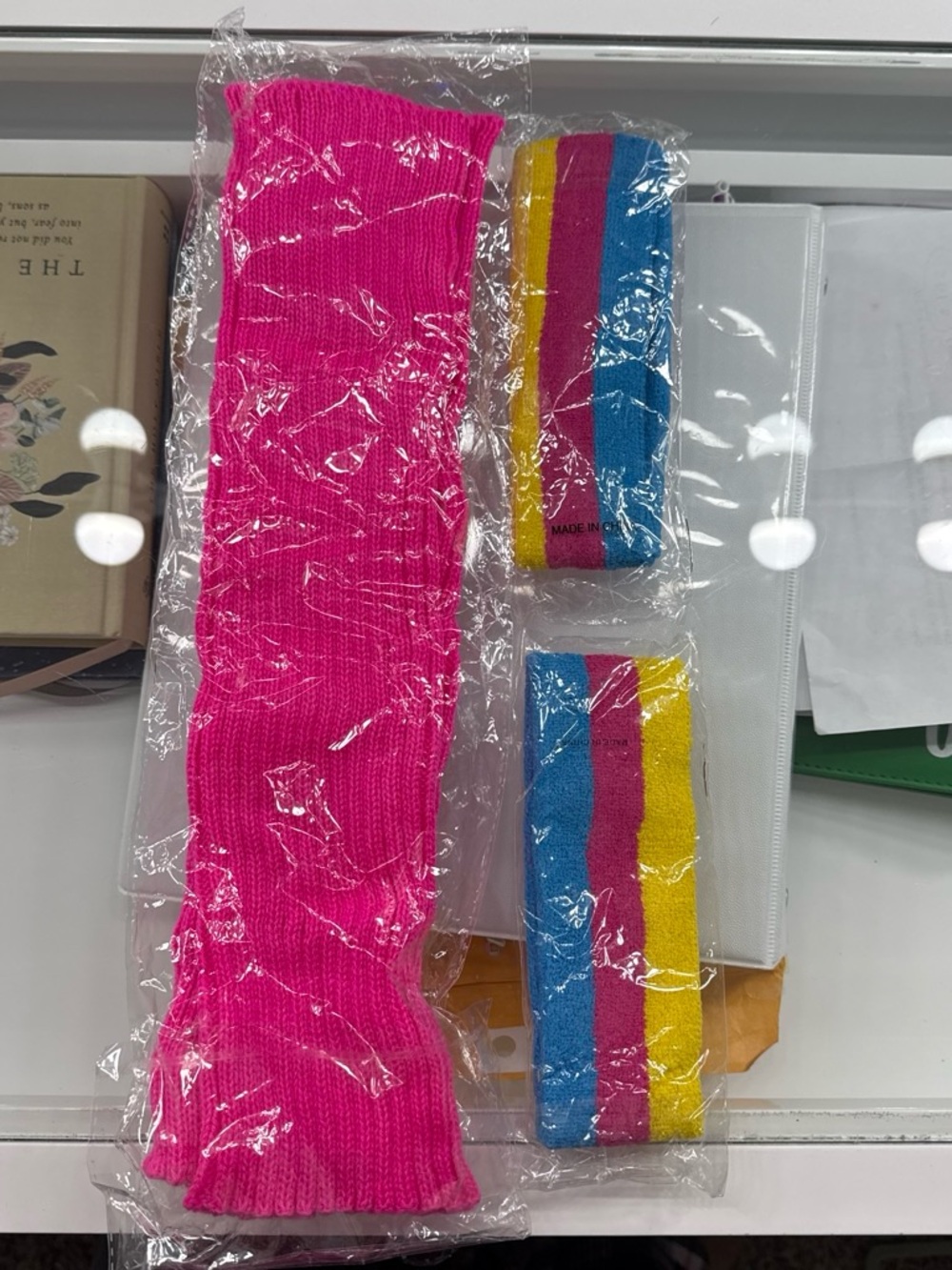 Bright Pink Kids Knit Leg Warmers with Rainbow Striped Wristbands